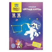 Картон цветной A4, Мульти-Пульти, 12л., 12цв., мелованный, «Волшебный» (золото, серебро), в папке, «Енот в космосе КЦм12-12в_31574»